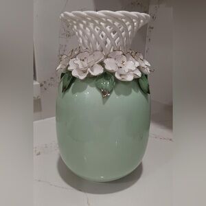 Elegant Mint Green Ceramic Vase with Floral Accents
